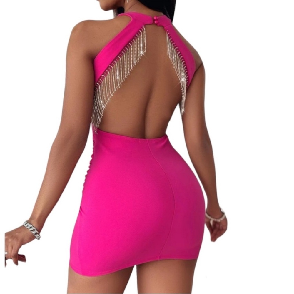 Sincerely Jules Pink Backless Embellished Halter Dress